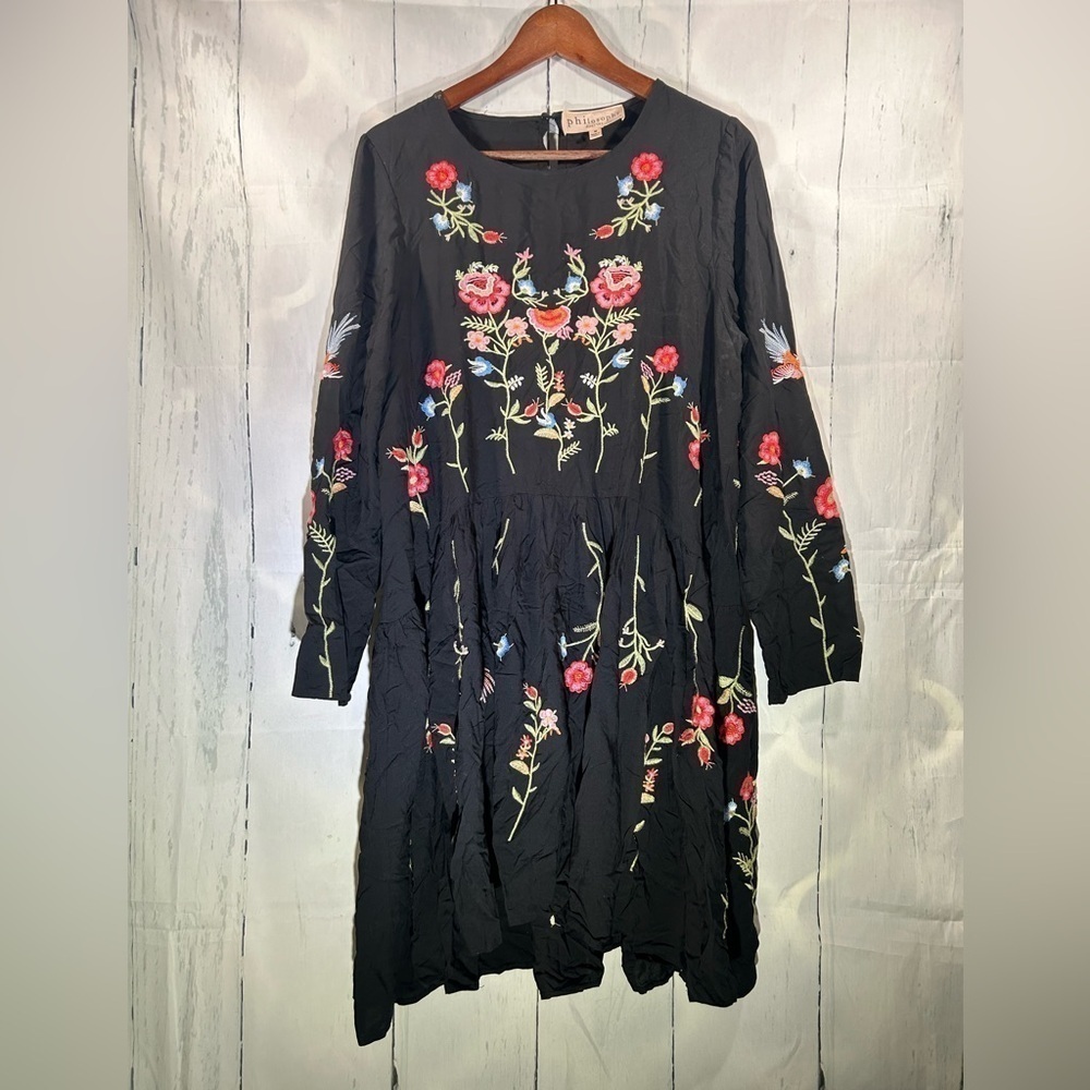 Philosophy Floral Embroidered Long Sleeve Dress Womens Black Short Flowy Sz M - Picture 7 of 16